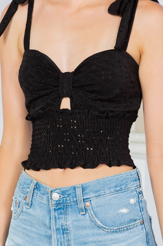 Cut Out Tie Shoulder Smocked Waist Top
