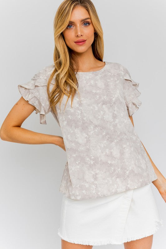 Overlap Ruffle Sleeve Print Top