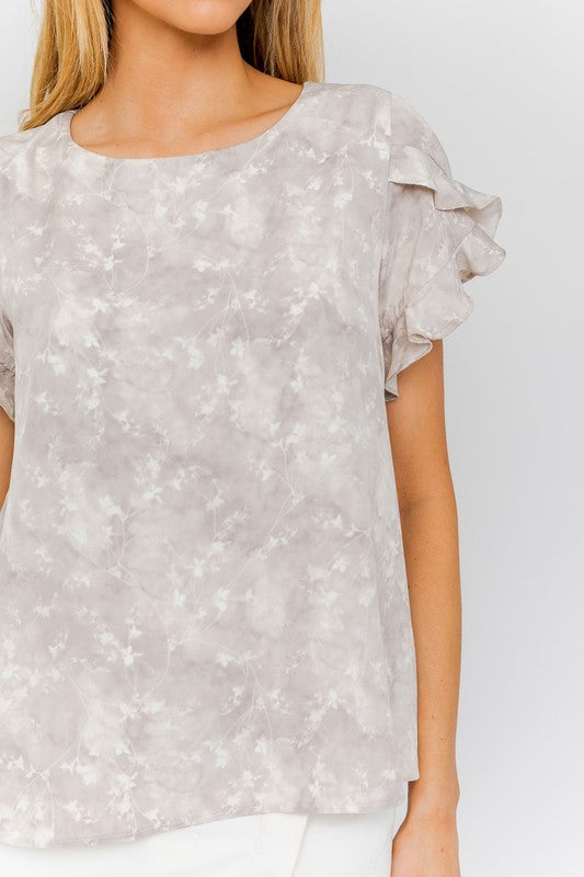 Overlap Ruffle Sleeve Print Top