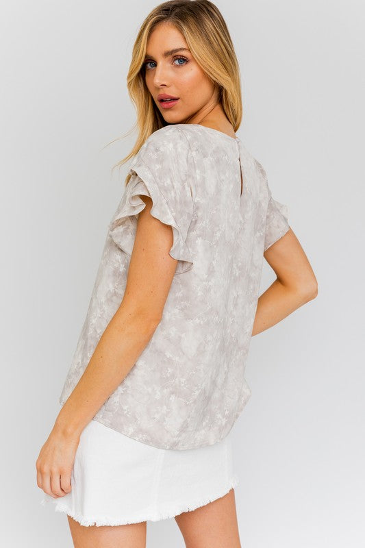 Overlap Ruffle Sleeve Print Top