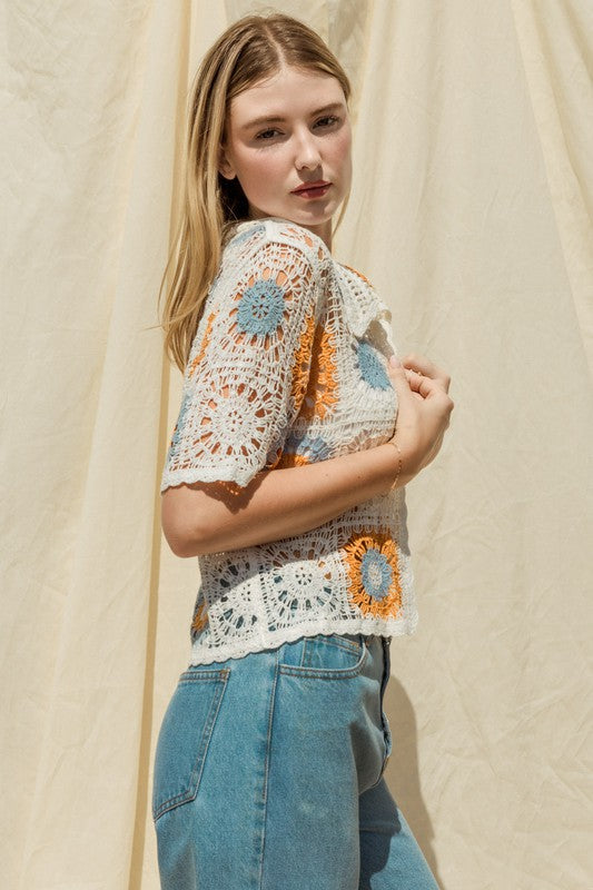 Short Sleeve Button Crochet Top