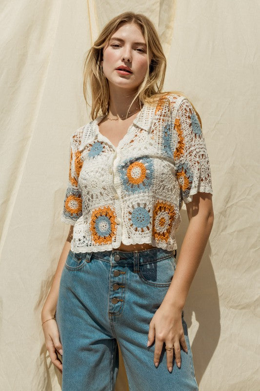 Short Sleeve Button Crochet Top