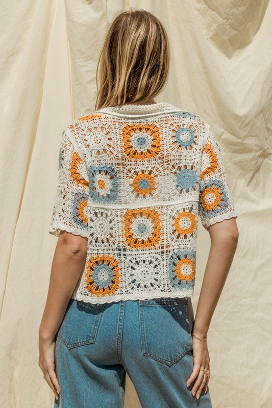 Short Sleeve Button Crochet Top