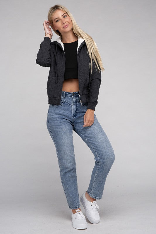 Fuzzy Trim Crop Hoodie